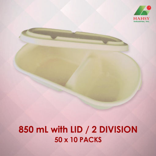 Sugarcane Bagasse food container 850ml with Lid and 2 division 50x10 Packs