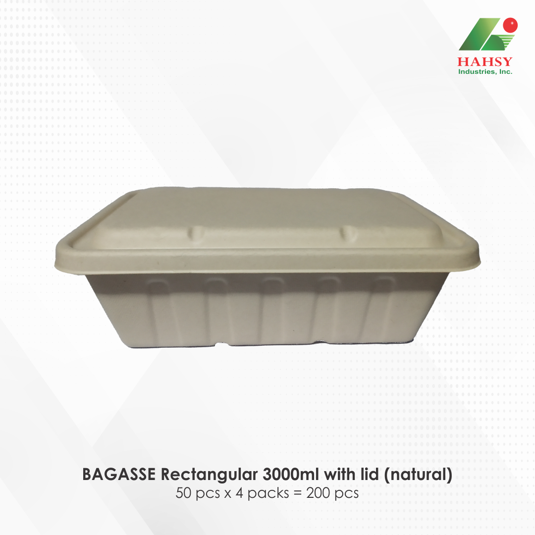 22 BAGASSE Rectangular 3000ml with lid (natural)
