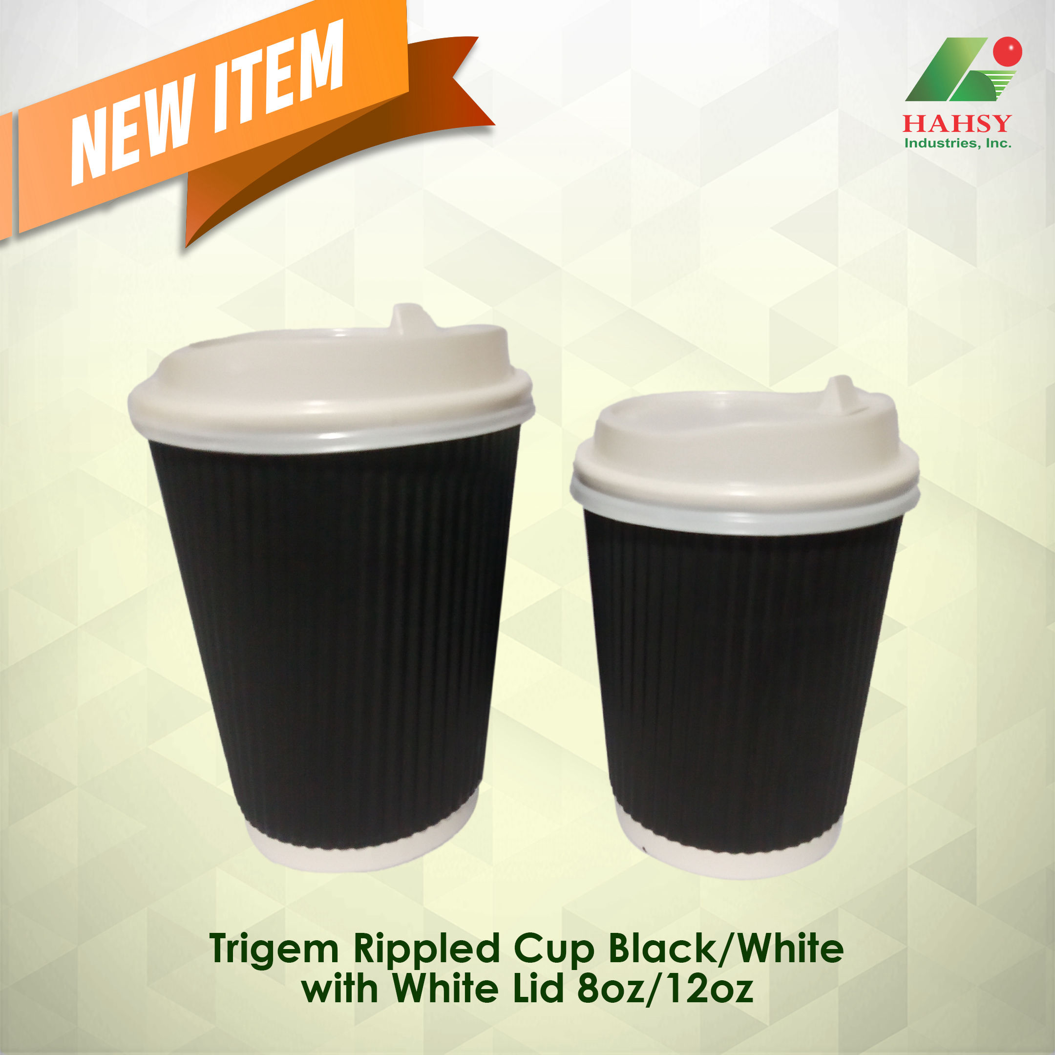 Trigem Rippled cup black with white lid 8oz 12oz