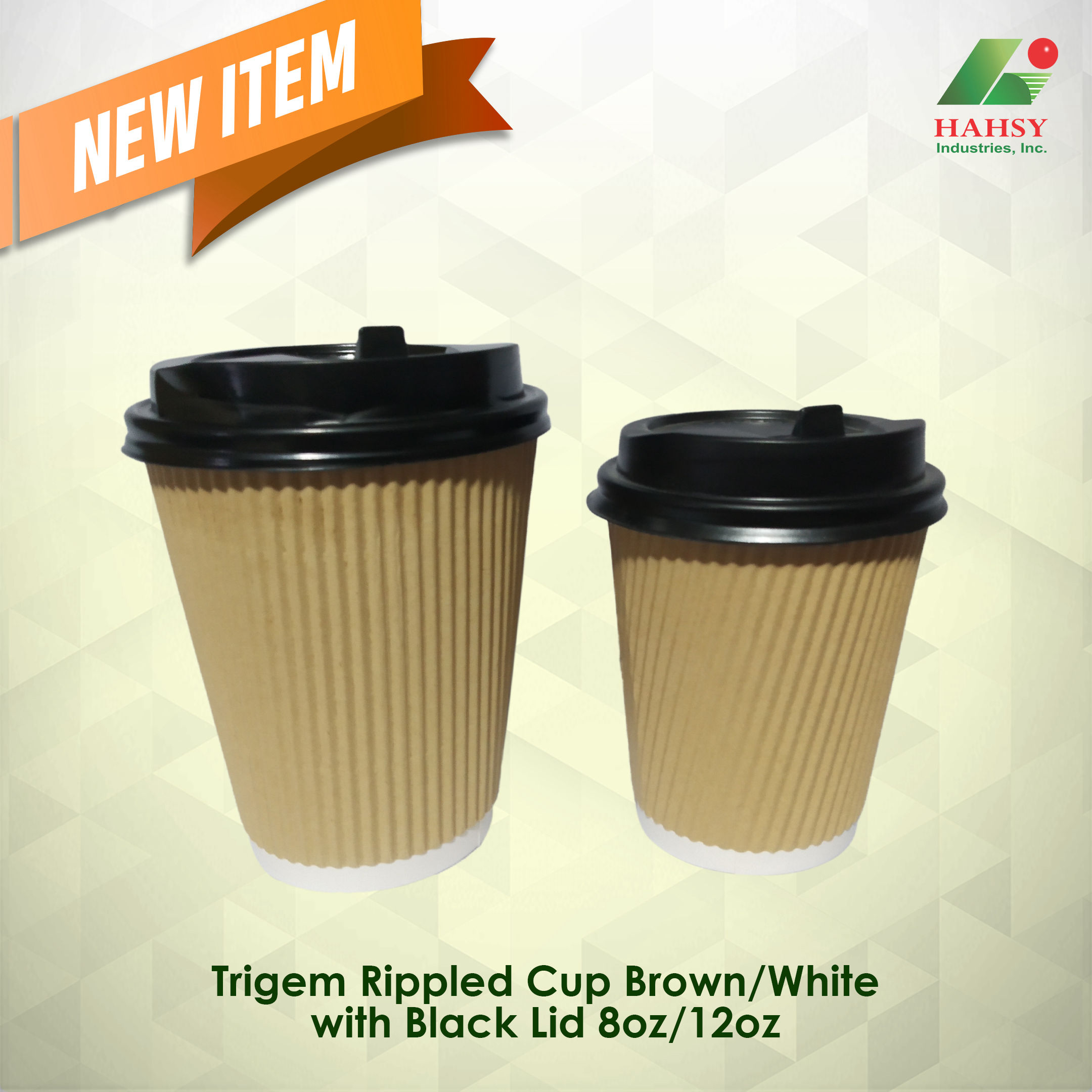 Trigem Rippled cup brown with black lid 8oz 12oz