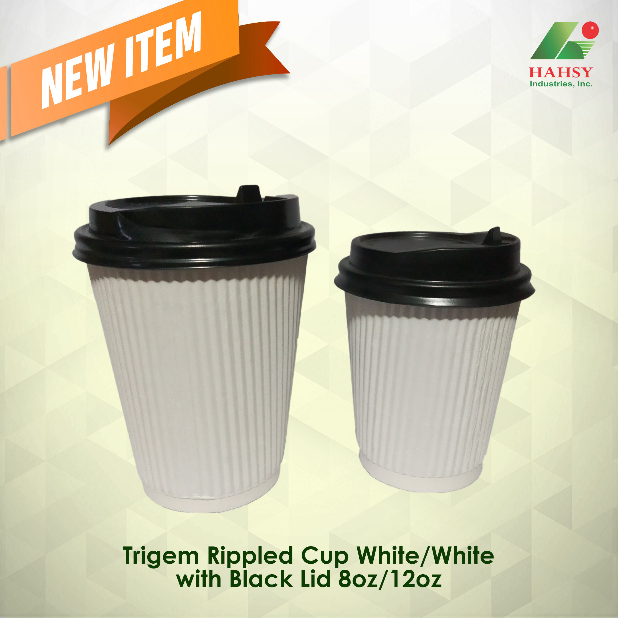 Trigem Rippled cup white with black lid 8oz 12oz